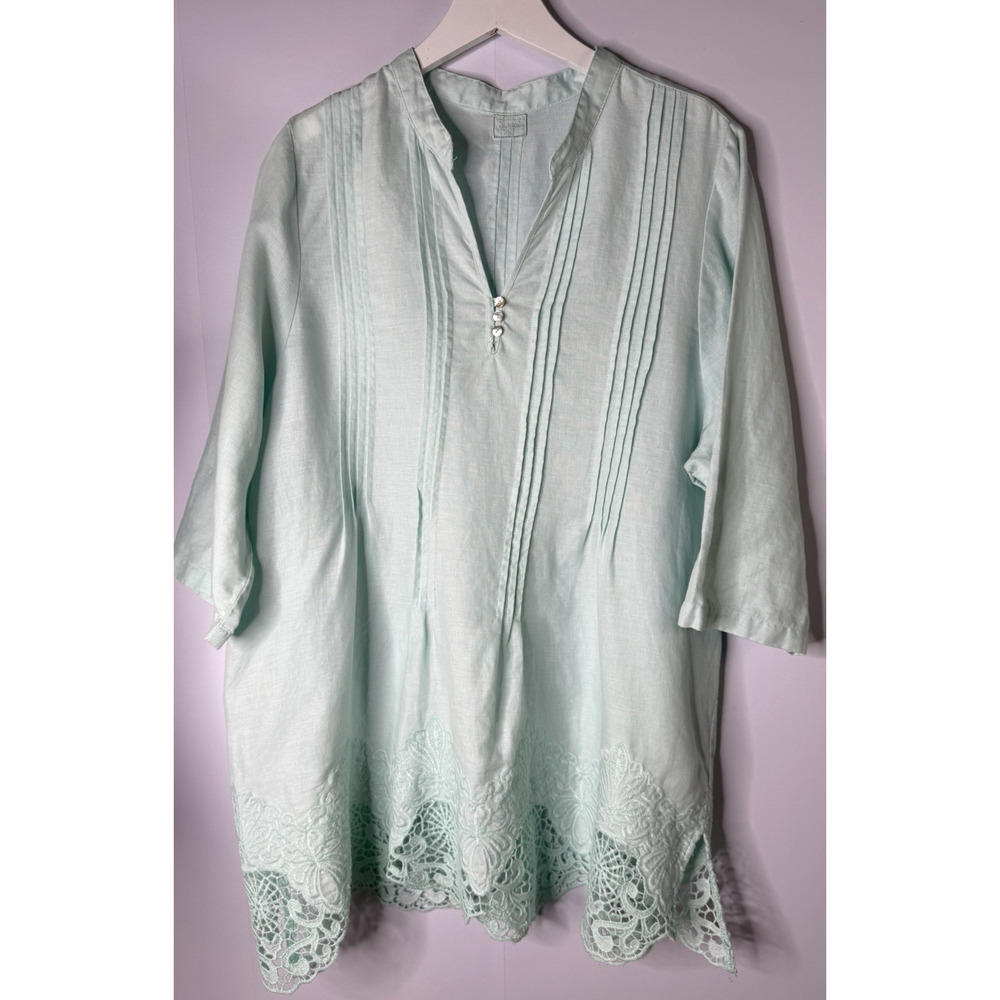Symple Blue Linen Pintuck Crochet Lace Tunic Top Women's‎ XL Feminine Cottage